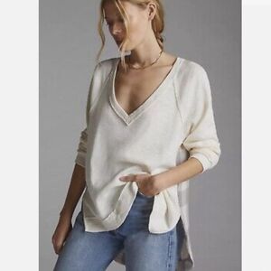 ANTHROPOLOGIE | PILCRO Cream V-Neck Top Gray Plaid Back Women’s Size XS